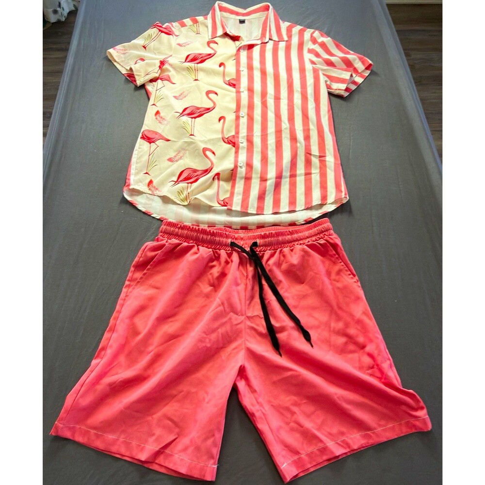 SHEIN Mens L 2pc Woven Shirt & Shorts Set Striped Flamingo Button Drawstring